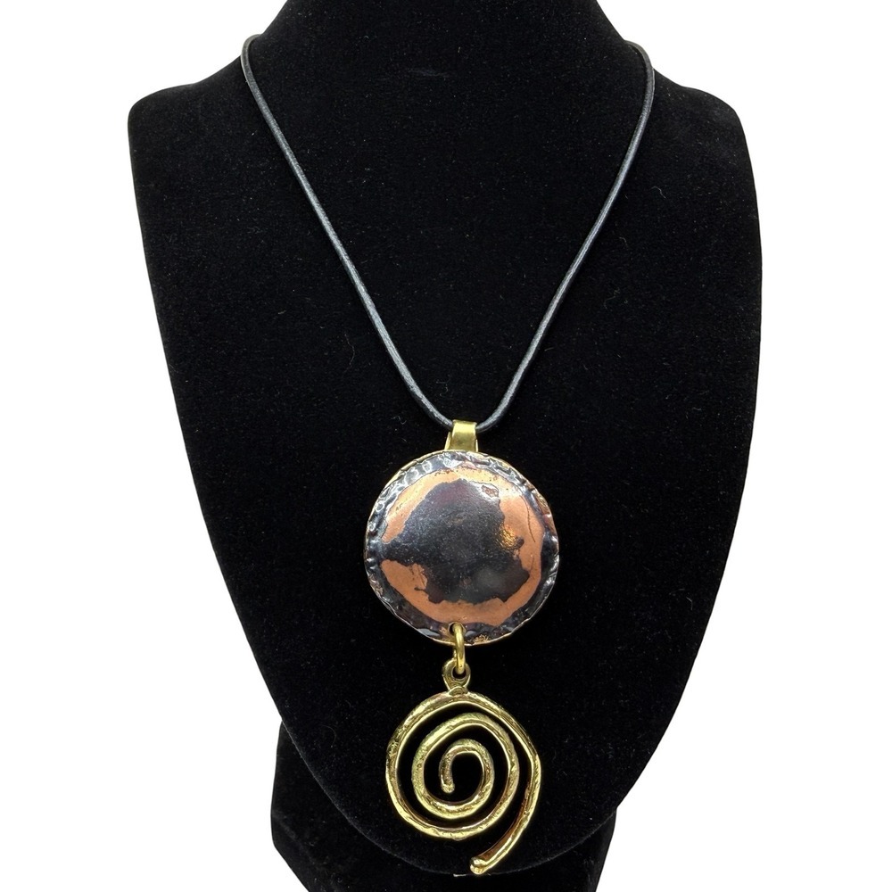 Artisan Copper Brass Gold Spiral Pendant Necklace Black Cord Bohemian Jewelry